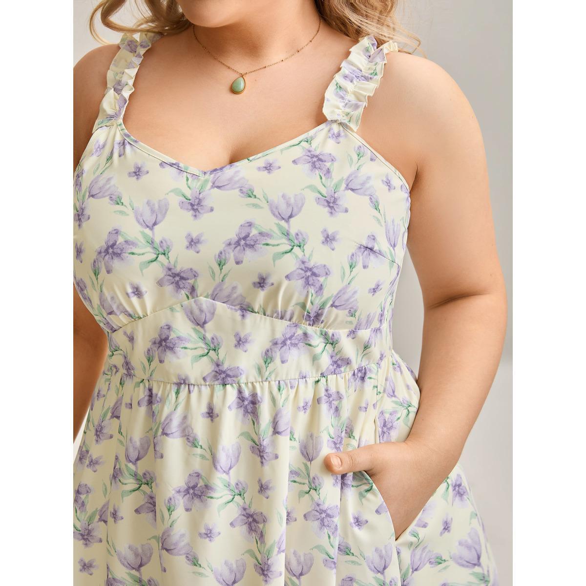 Plus Size Vine Floral Pockets Stretchy Waist Midi Dress Lightyellow Women Elegant Gathered V-neck Sleeveless Curvy BloomChic 30/6X Product Image
