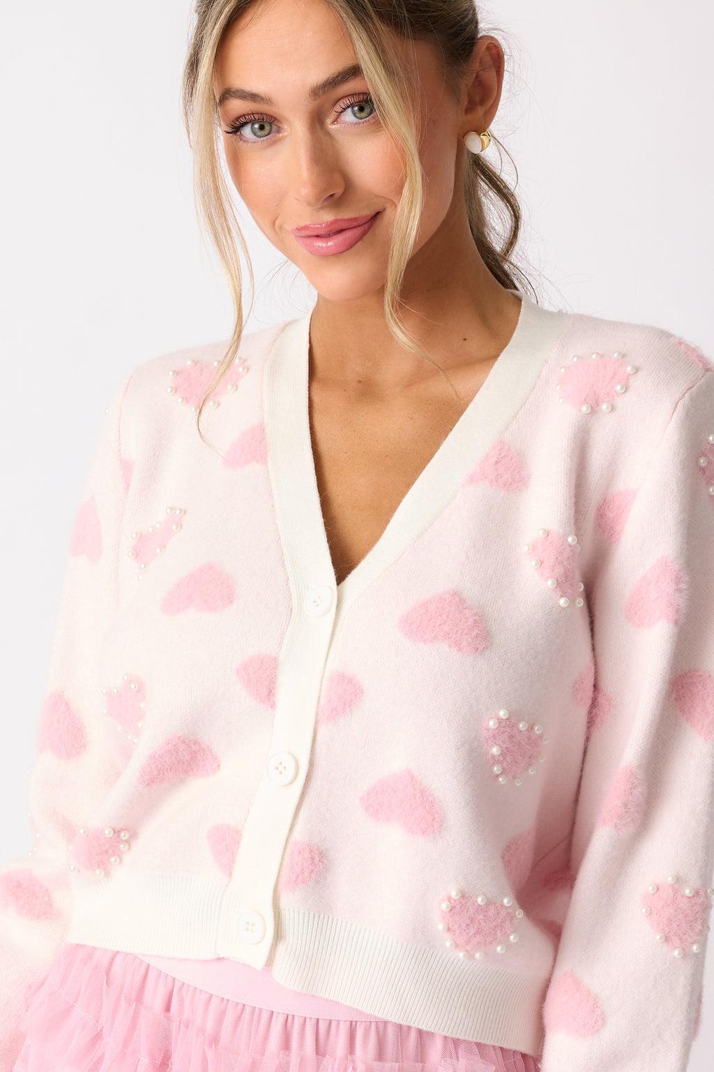 Sweetheart Stroll Light Pink & Ivory Pearl Cardigan Product Image