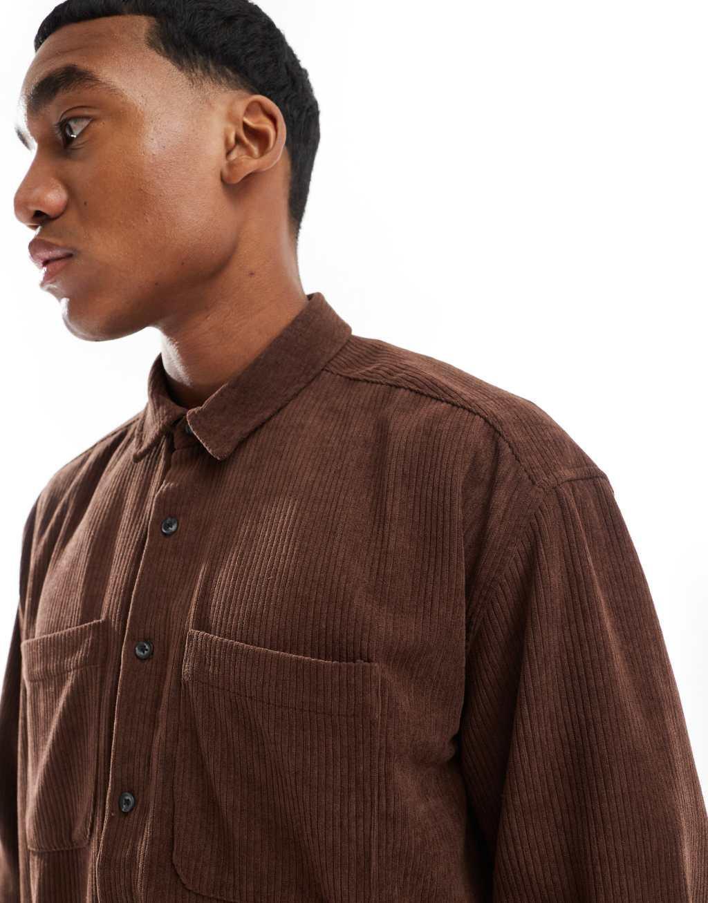 ASOS DESIGN boxy cord overshirt in brown Product Image
