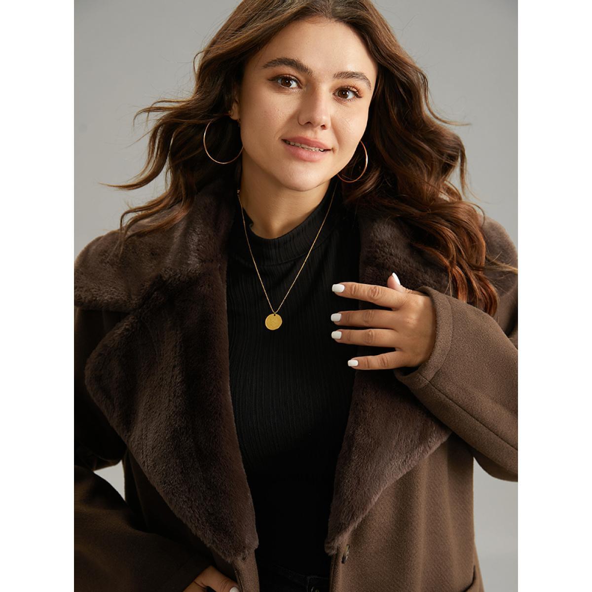 Plus Size Plain Lapel Collar Fuzzy Trim Patchwork Button Up Coat Women DarkBrown Casual Lined Ladies Dailywear Winter Coats BloomChic 26/4X Product Image