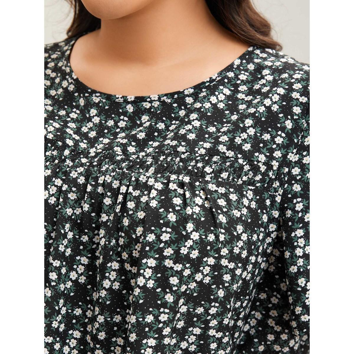 Plus Size Black Floral Ruffle Sleeve Gathered Round Neck Blouse Women Casual Short sleeve Round Neck Everyday Blouses BloomChic 18-20/2X Product Image