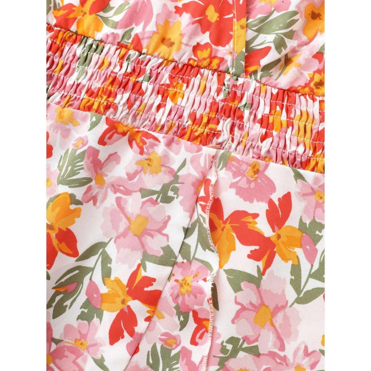 Plus Size Floral Shirred Wrap Hem Ruffle Sleeve Midi Dress Blush Women Elegant Shirred Overlap Collar Short sleeve Curvy BloomChic 26/4X Product Image