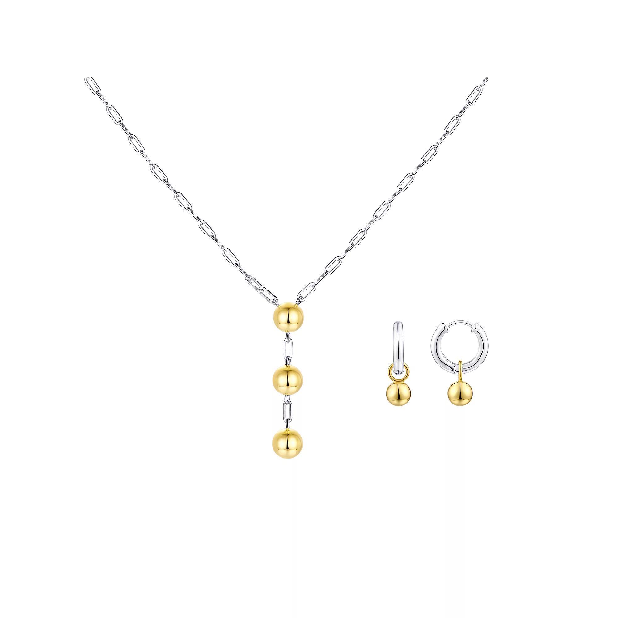 Argento Forte Sterling Silver Two-Tone Polished Ball Y-Necklace & Hoop Earrings Set, Women's, Size: 18", Two Tone Product Image