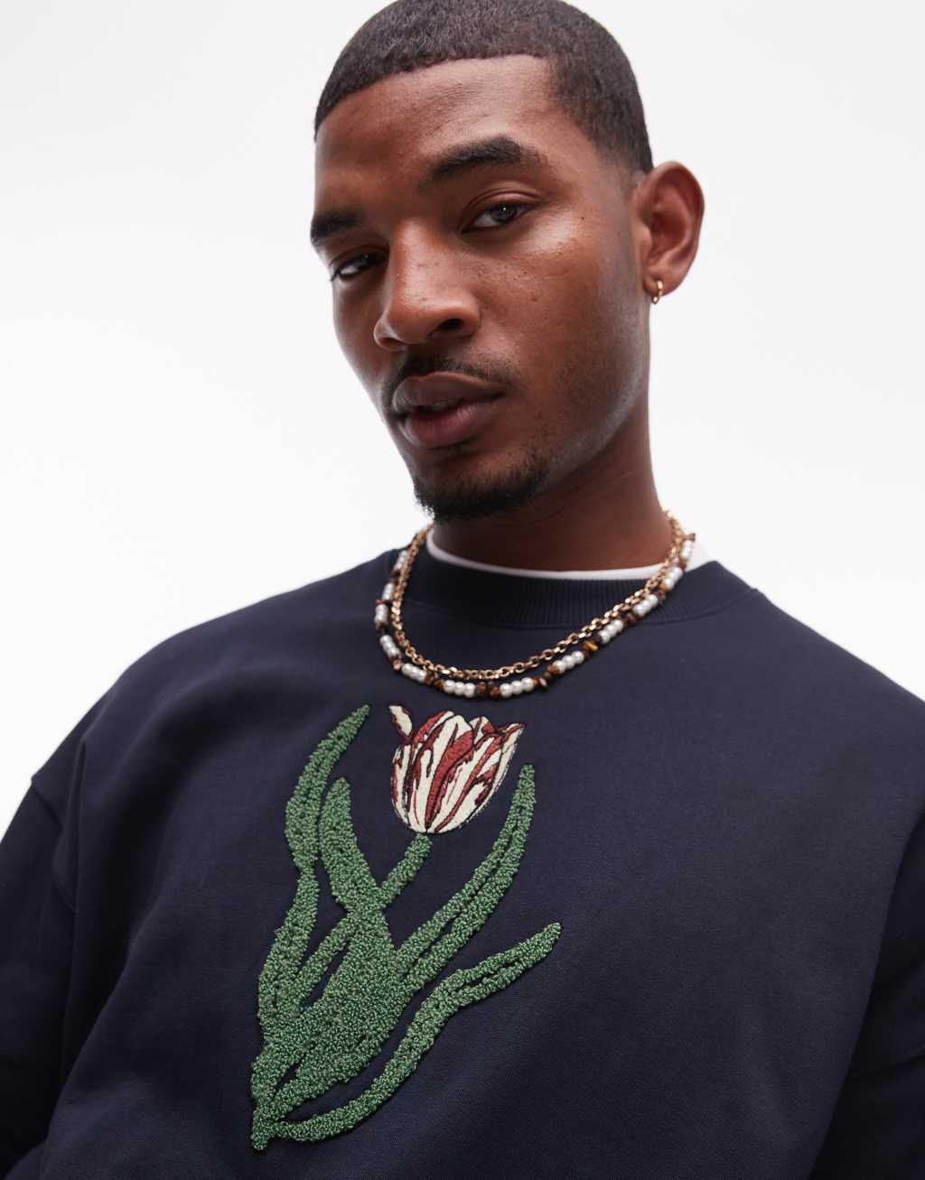 Topman oversized fit sweatshirt with front and back tulip chenille embroidery in navy Product Image