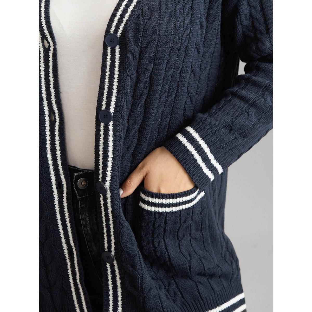 Plus Size Cable Knit Contrast Striped Button Through Cardigan Midnight Women Casual Loose Long Sleeve Dailywear Cardigans BloomChic 30/6X Product Image