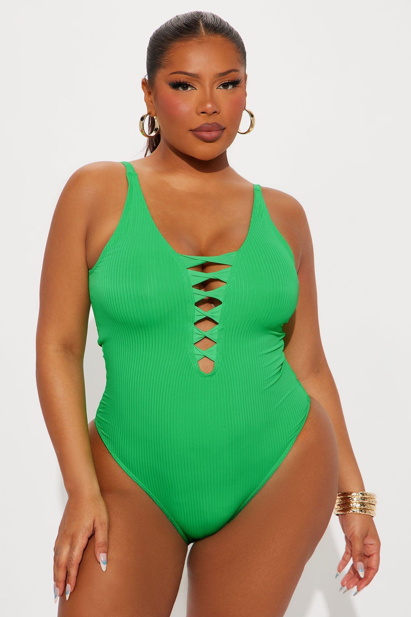 Summer Vibes Lace Up Ribbed 1 Piece Swimsuit - Green Product Image