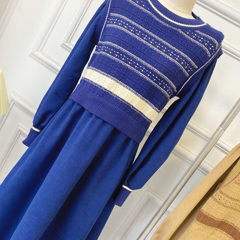 Long-Sleeve Crew Neck Mock Two-Piece Striped Knit Panel Corduroy Midi A-Line Dress Product Image