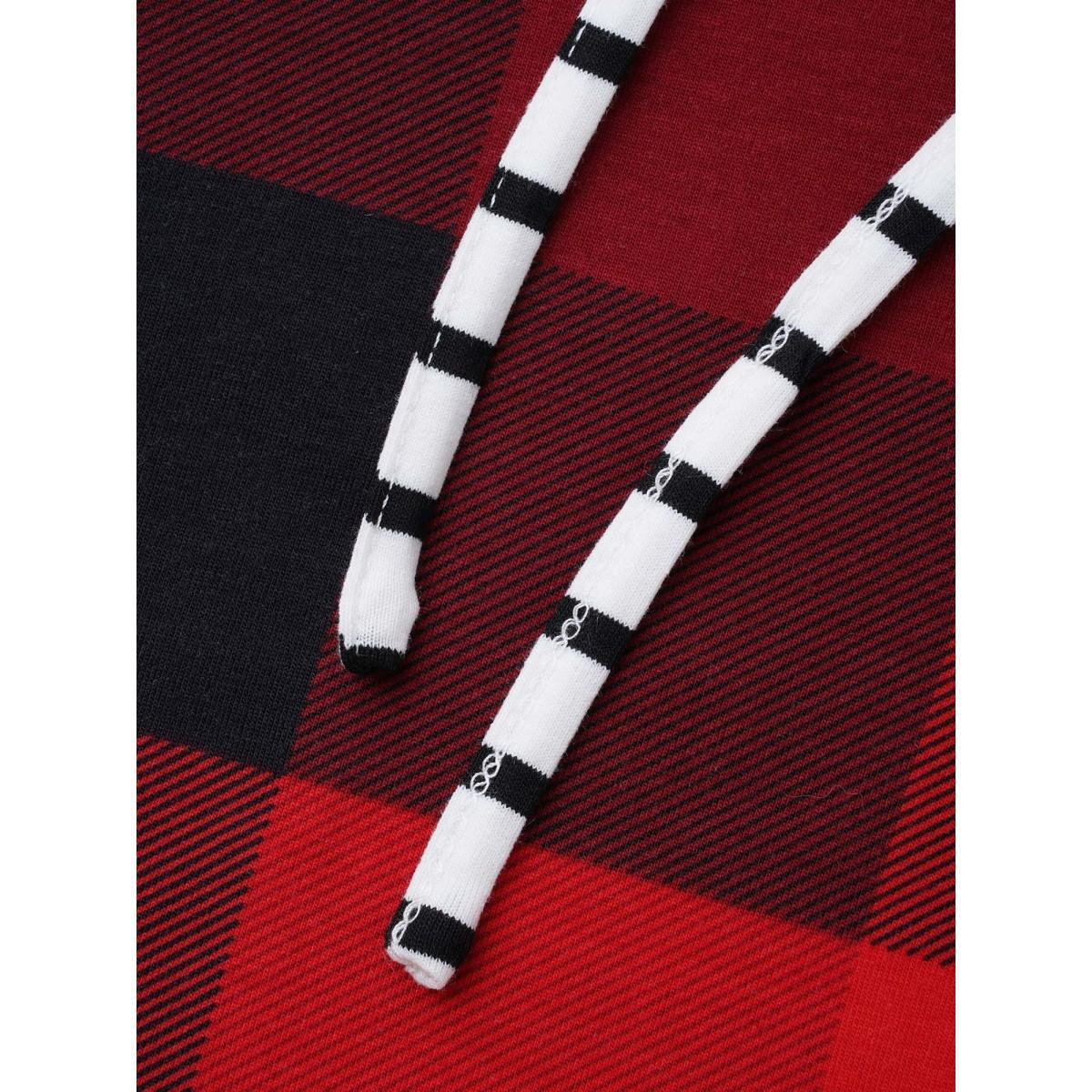 Plus Size Plaid Hooded Drawstring Straight Fit Tee Brightred Women Casual Contrast Hooded Everyday T-shirts BloomChic 18-20/2X Product Image