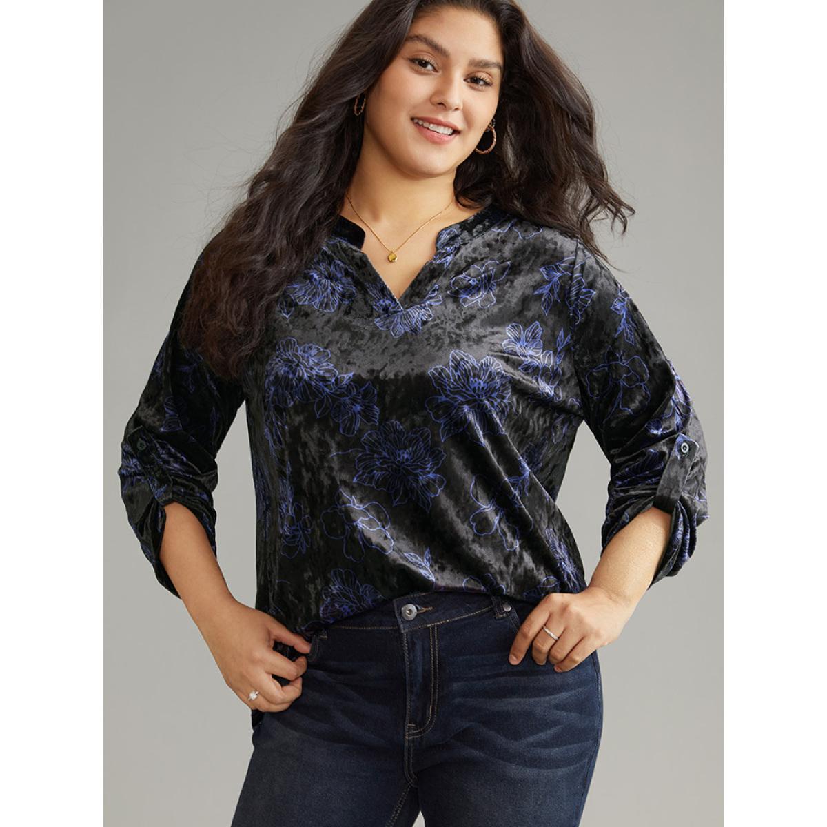 Plus Size Black Silhouette Floral Print Notched Roll Tab Sleeve Blouse Women Elegant Long Sleeve Notched collar Everyday Blouses BloomChic 30/6X Product Image