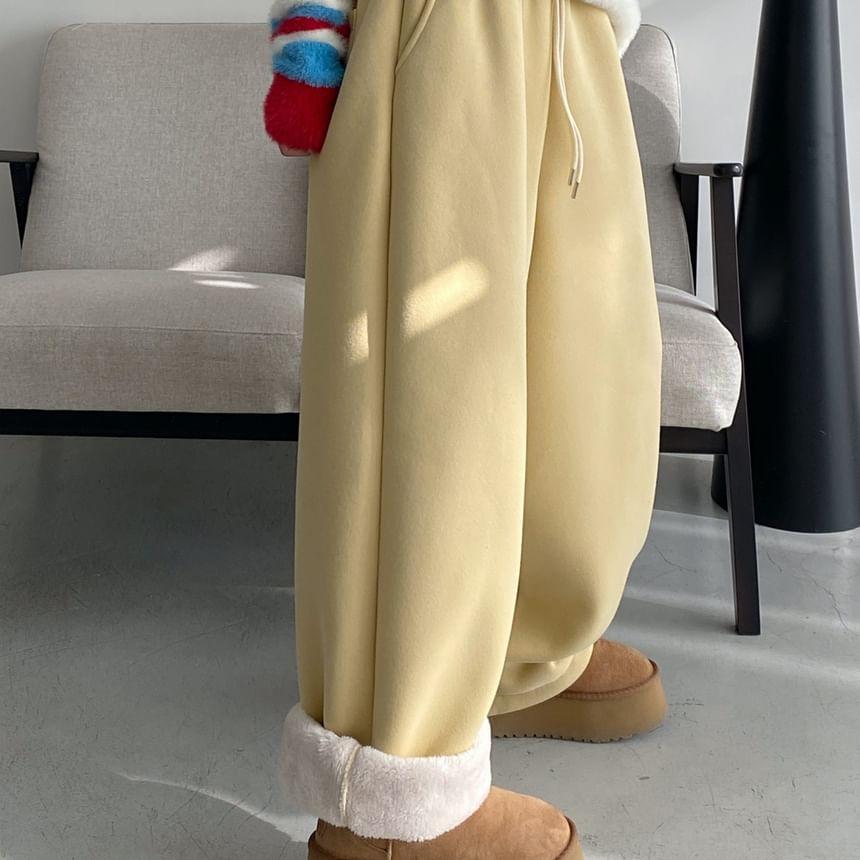 Drawstring Waist Plain Fleece Lined Wide Leg Sweatpants Product Image