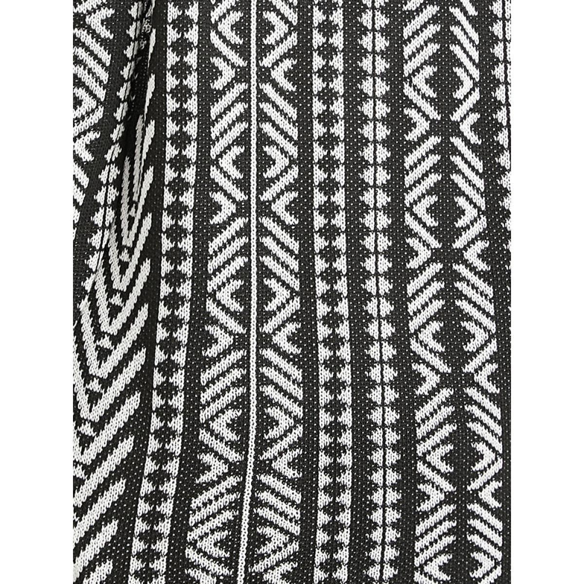 Plus Size Bandana Geometric Pointelle Knit Contrast Button Front Cardigan Black Women Casual Loose Long Sleeve Dailywear Cardigans BloomChic 30/6X Product Image