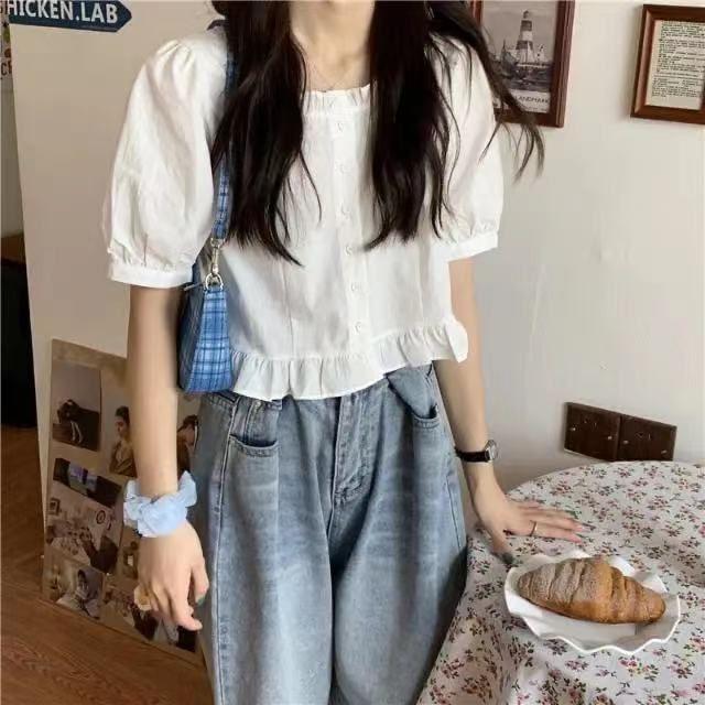 Puff-Sleeve Ruffle Hem Blouse Product Image