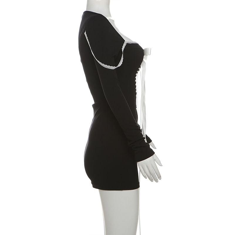 Long-Sleeve Square Neck Ribbon Front Mini Bodycon Dress Product Image