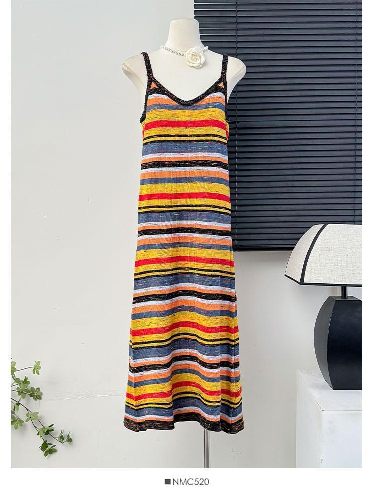 Sleeveless Rainbow-Striped V-Neck Midi Dress Product Image
