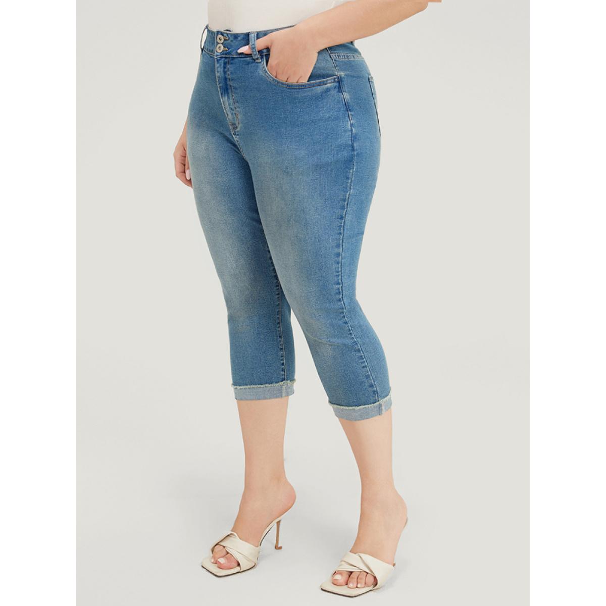 Plus Size Very Stretchy High Rise Medium Wash Roll Hem Cropped Jeans Women Cerulean Casual Plain High stretch Pocket Jeans BloomChic 12/L Product Image