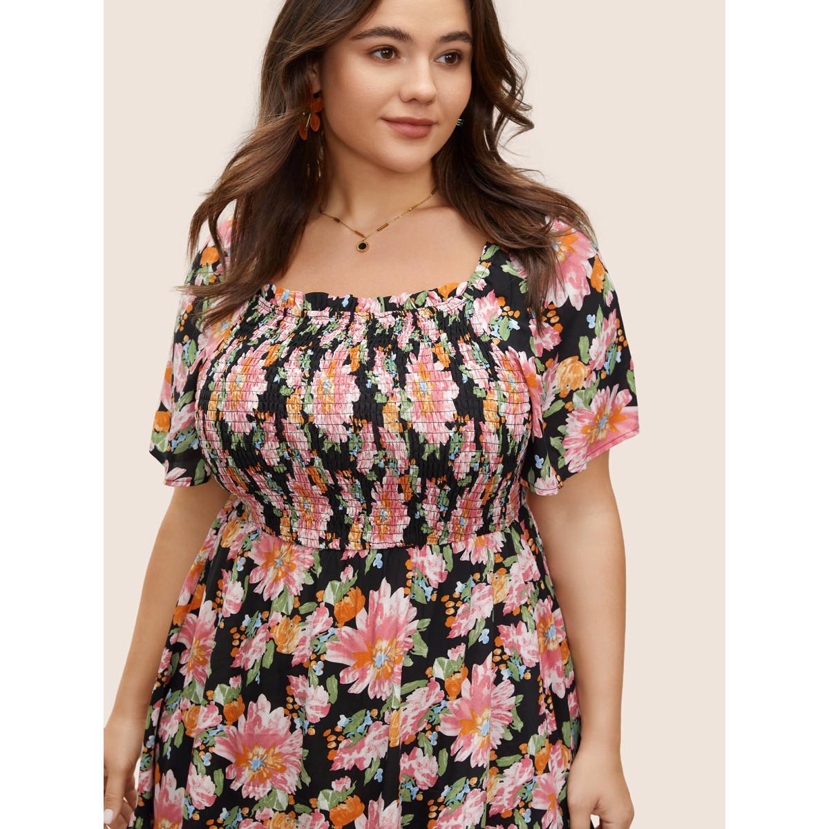 Plus Size Floral Shirred Ruffles Patchwork Pleated Dress Black Women Elegant Non Square Neck Short sleeve Curvy Midi Dress BloomChic 10/M Product Image