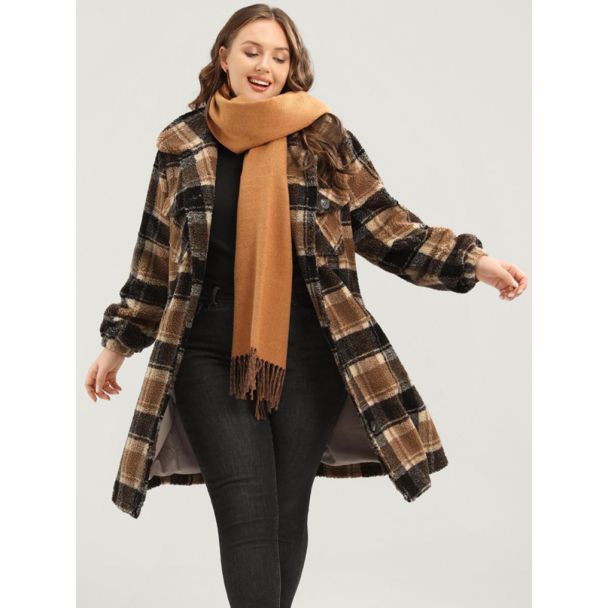 Plus Size Plaid Flap Pocket Button Up Teddy Coat Women Bronze Elegant Button Ladies Dailywear Winter Coats BloomChic 18-20/2X Product Image