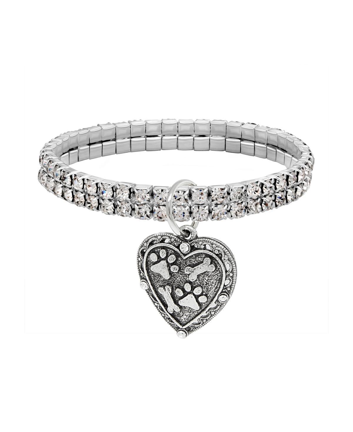 1928 Two Row Crystal Paw And Bones Heart Charm Stretch Bracelet, Women's, Silver Tone Product Image
