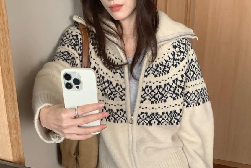 Jacquard Zip-Up Cardigan Product Image