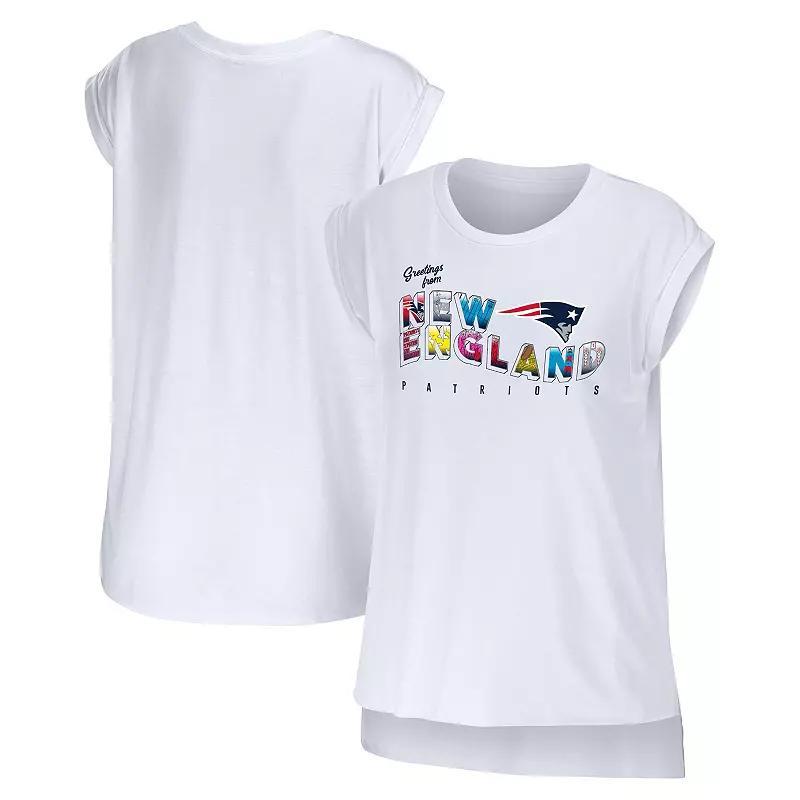 Women's WEAR by Erin Andrews White New England Patriots Greetings From Muscle T-Shirt, Size: XS Product Image