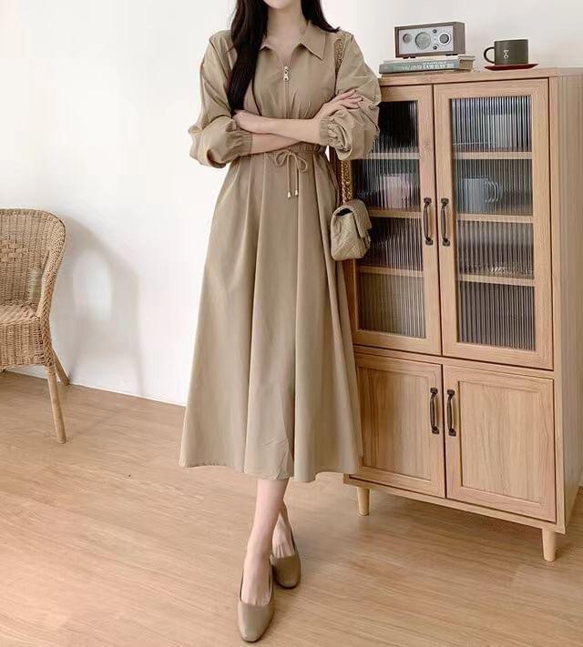 Long-Sleeve Half Zip Plain Maxi A-Line Dress Product Image