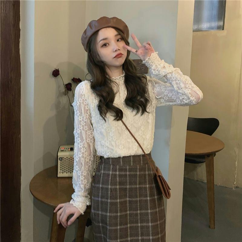 Long Sleeve Stand Collar Plain Lace Top Product Image