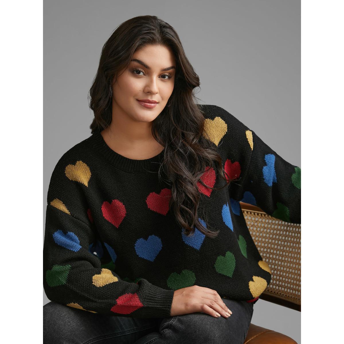 Plus Size Colored Heart Drop Shoulder Sleeve Pullover Black Women Casual Loose Long Sleeve Round Neck Everyday Pullovers BloomChic 22-24/3X Product Image