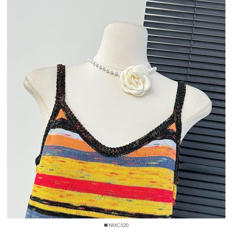 Sleeveless Rainbow-Striped V-Neck Midi Dress Product Image