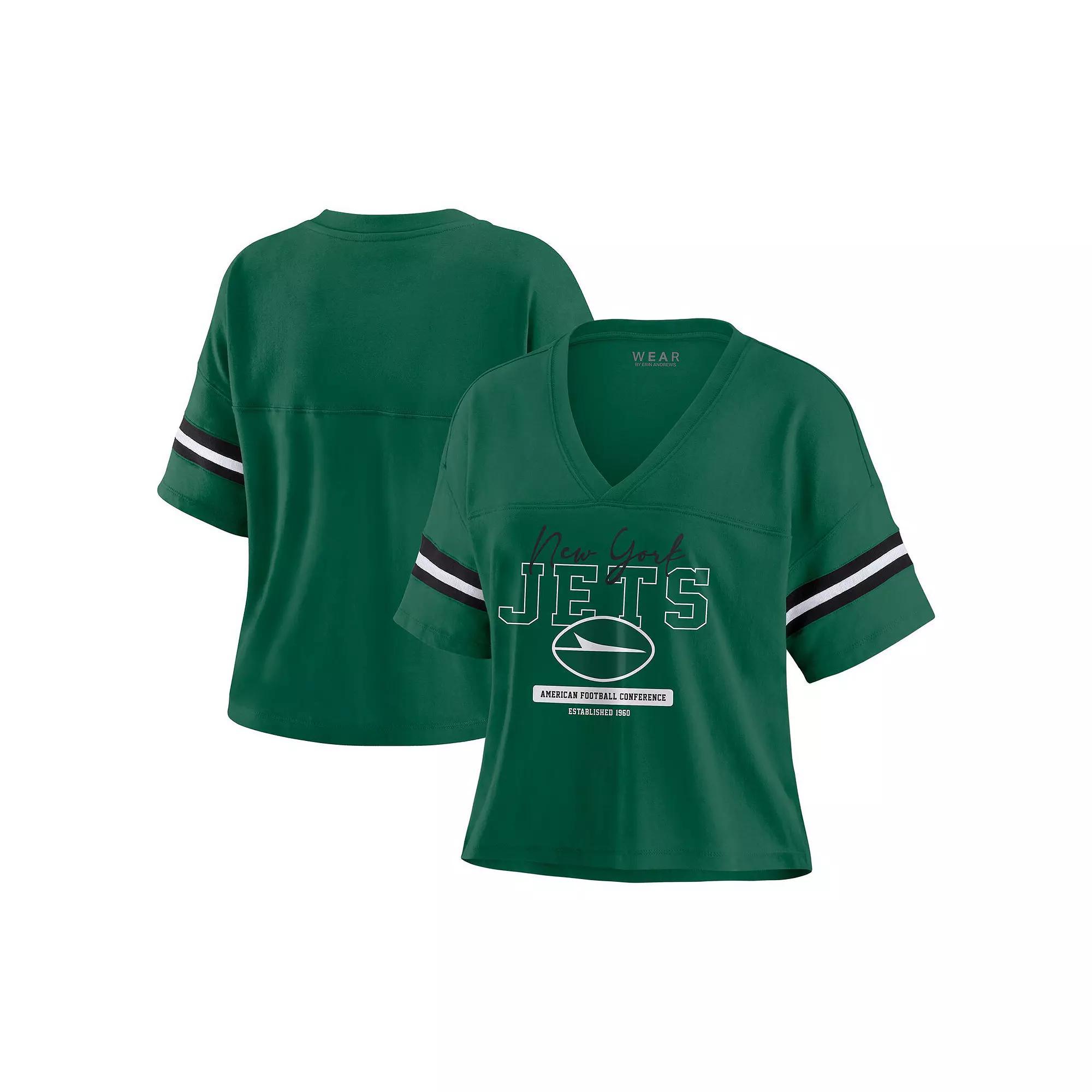 Women's WEAR by Erin Andrews Green New York Jets Color Block Boxy Modest Crop V-Neck T-Shirt, Size: Large Product Image