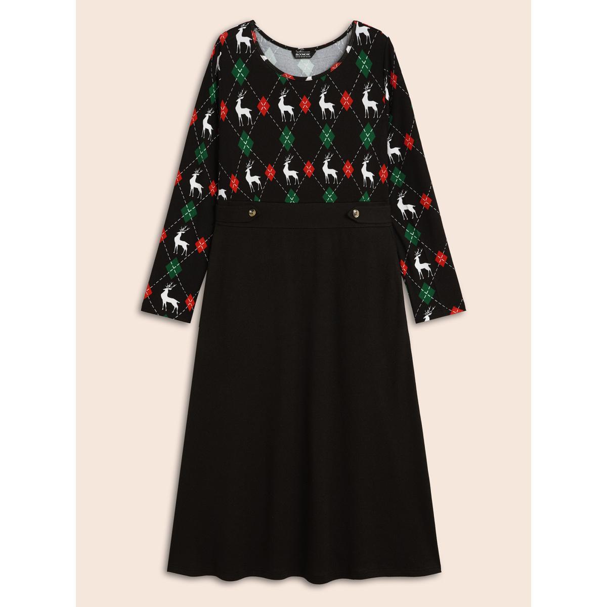 Plus Size Reindeer Printed Fit-and-Flare Midi Dress Black Women Casual Patchwork Party Curvy Bloomchic 22-24/3X Product Image