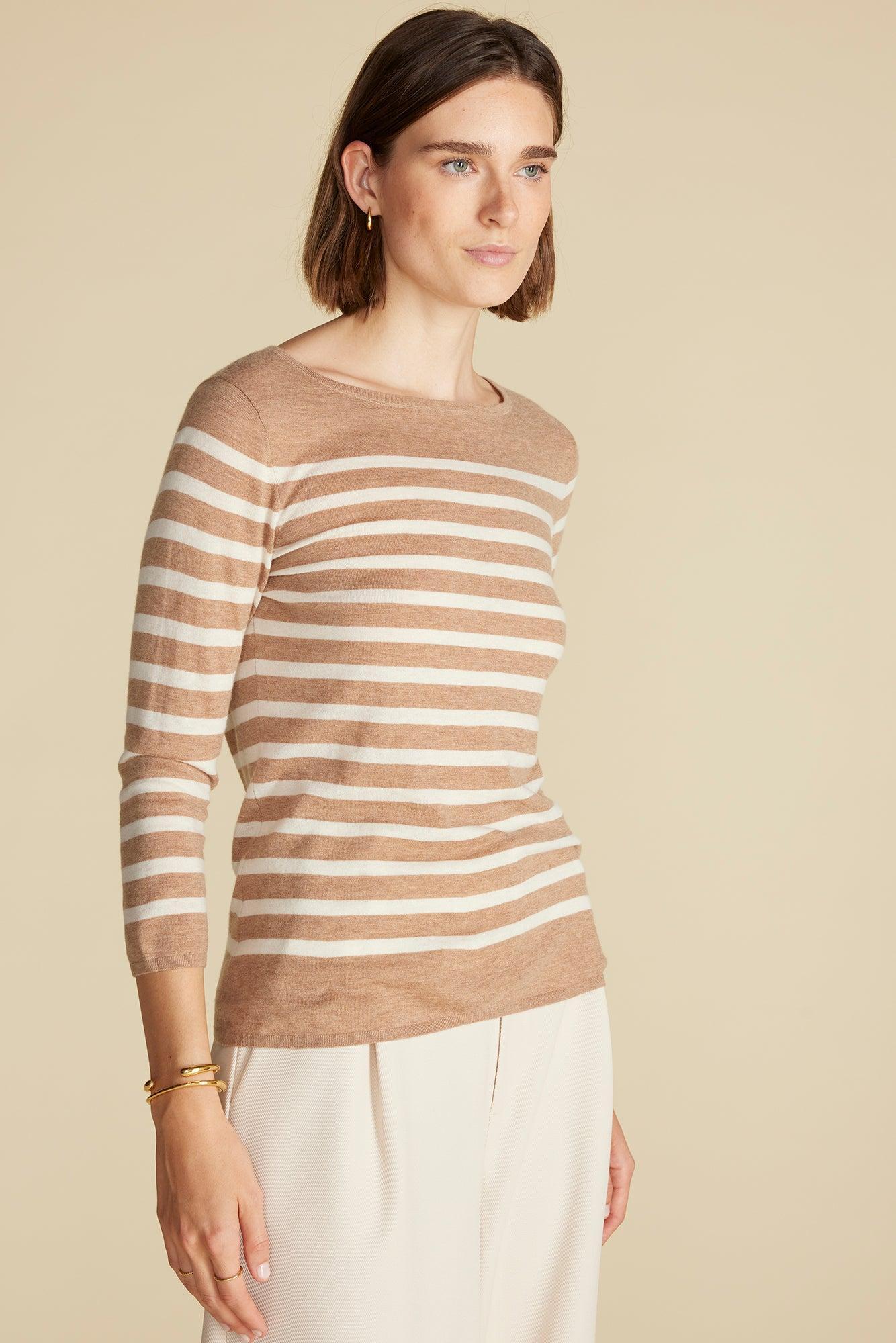 Fran Boatneck Striped Cashmere Sweater - Cafe Au Lait and Ivory Stripe Product Image