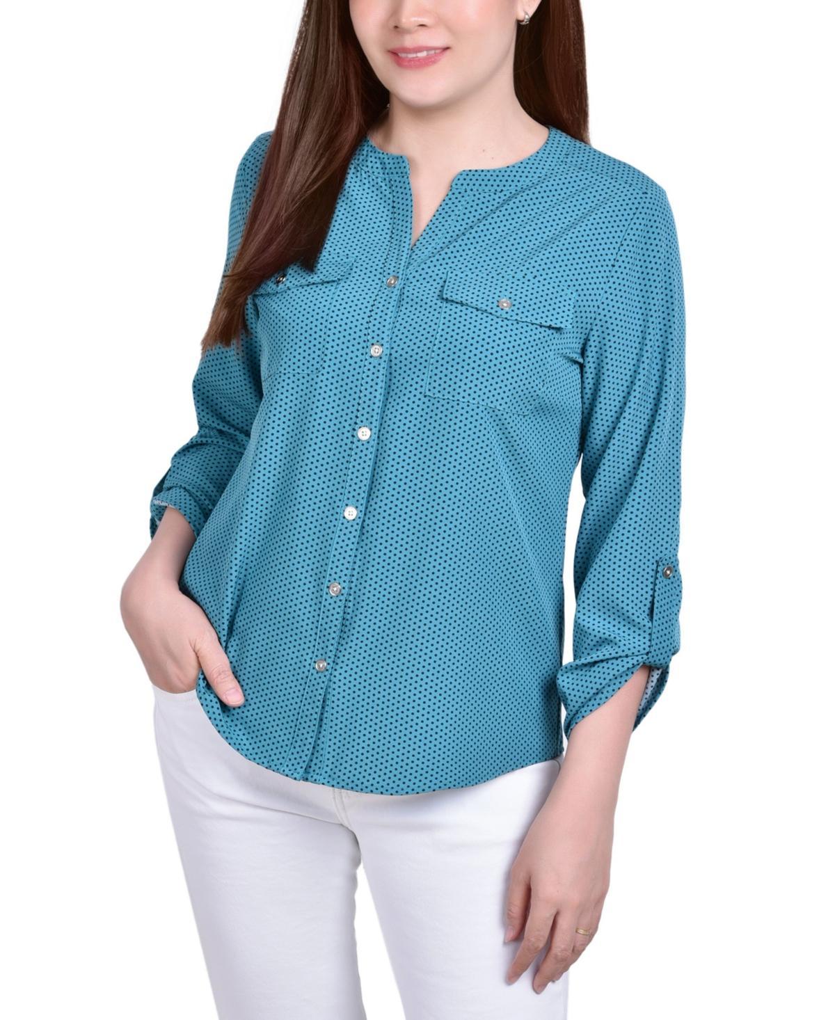 Petite 3/4 Sleeve Roll Tab Y Neck Blouse Product Image