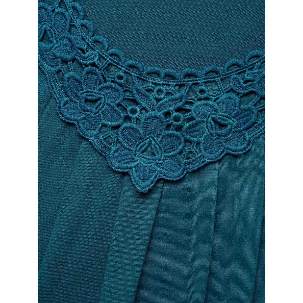 Plus Size Lace Trim Pleated Round Neck T-Shirt Cyan Women Casual Woven ribbon&lace trim Lace collar Everyday T-shirts BloomChic 26/4X Product Image