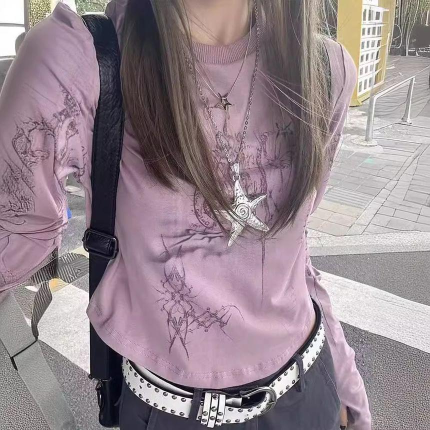 Long-Sleeve Round Neck Graphic Print Slim Fit Crop Tee Product Image