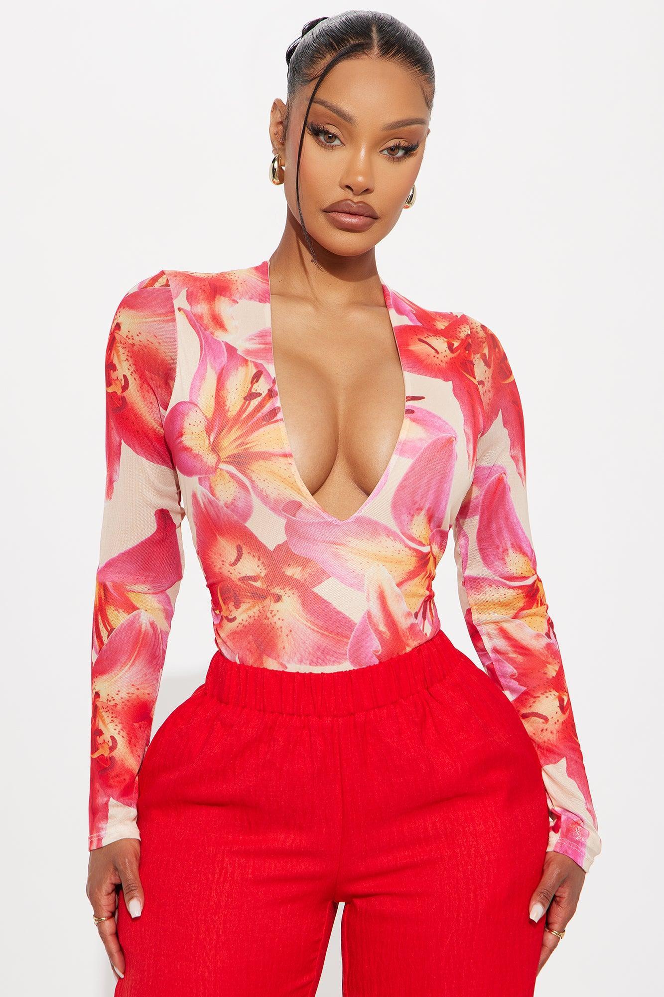 Moody Mesh Floral Long Sleeve Bodysuit - Pink/combo Product Image