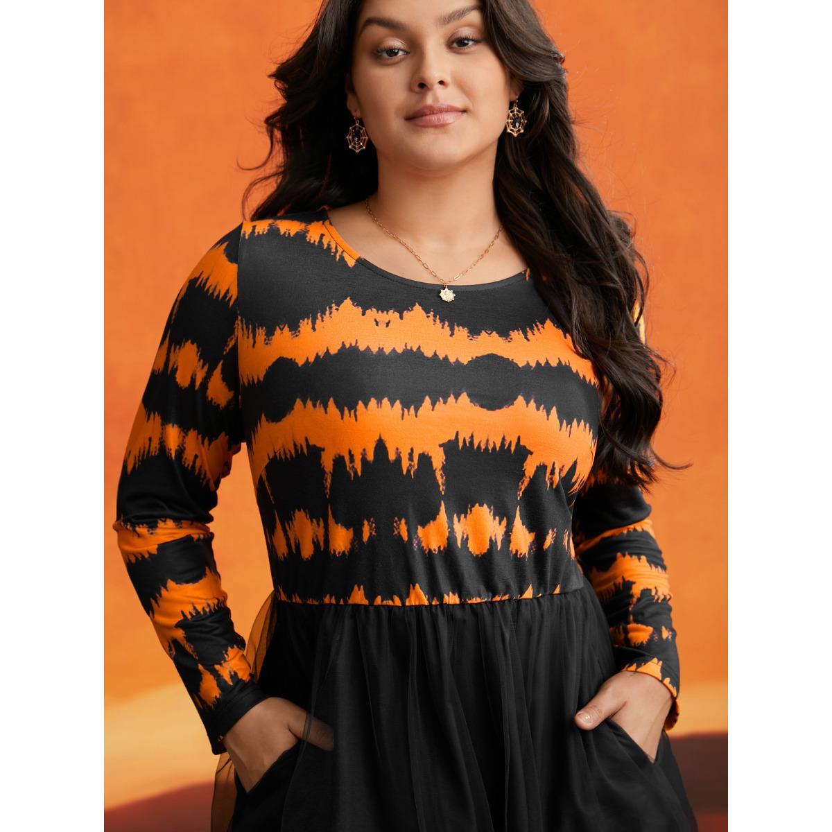 Plus Size Soft Knit And Chiffon Contrast Midi Dress Brightorange Women Cocktail Contrast Party Curvy Bloomchic 26/4X Product Image
