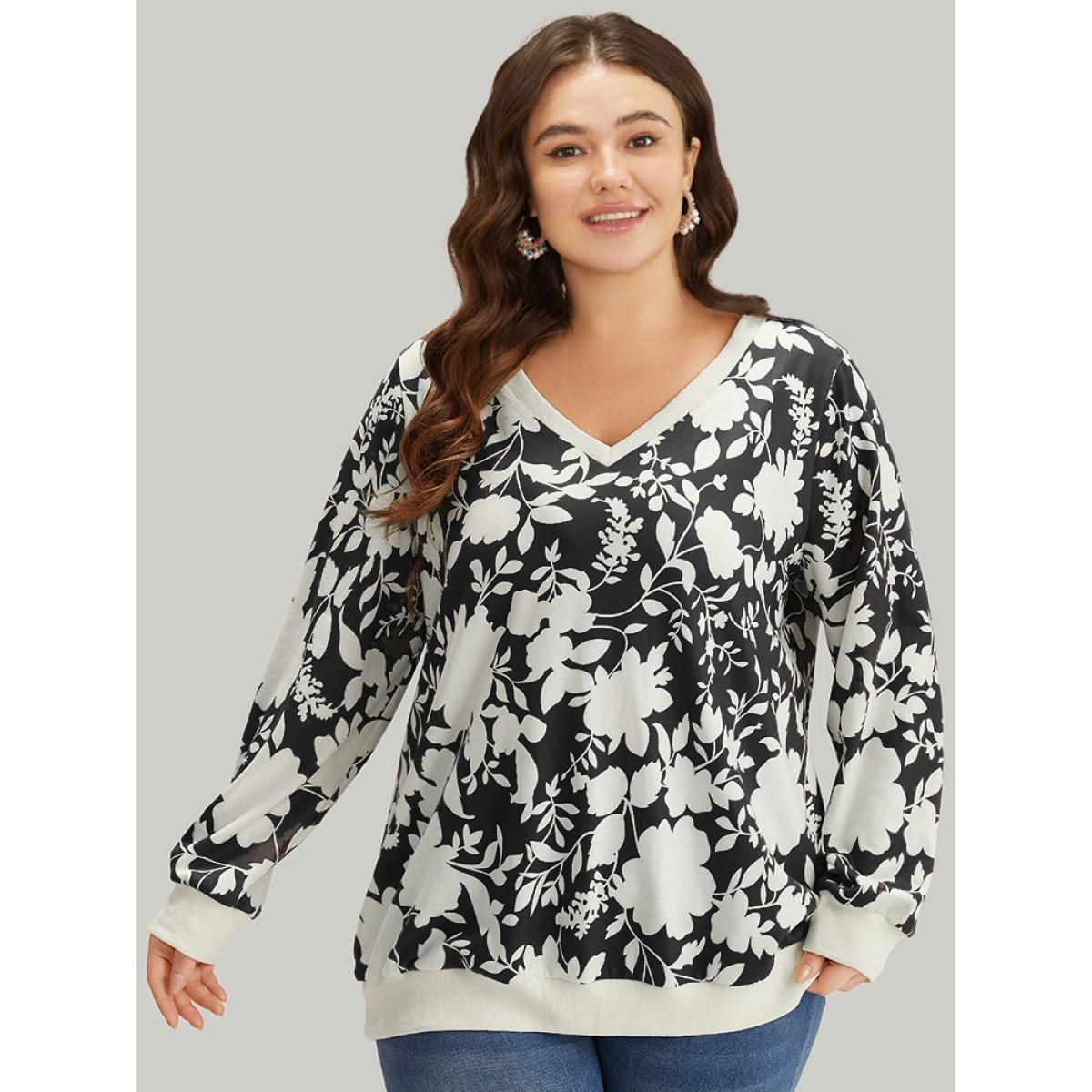 Plus Size Silhouette Floral Print Contrast Trim V Neck Sweatshirt Women DarkBlue Casual Elastic cuffs V-neck Dailywear Sweatshirts BloomChic 10/M Product Image