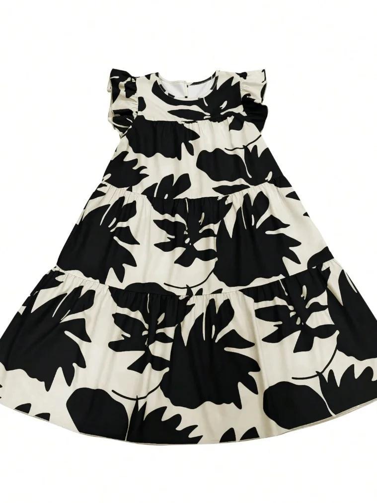 Loose Ruffle Sleeves Flower Print Pleated Round-Neck Midi Dresses Product Image
