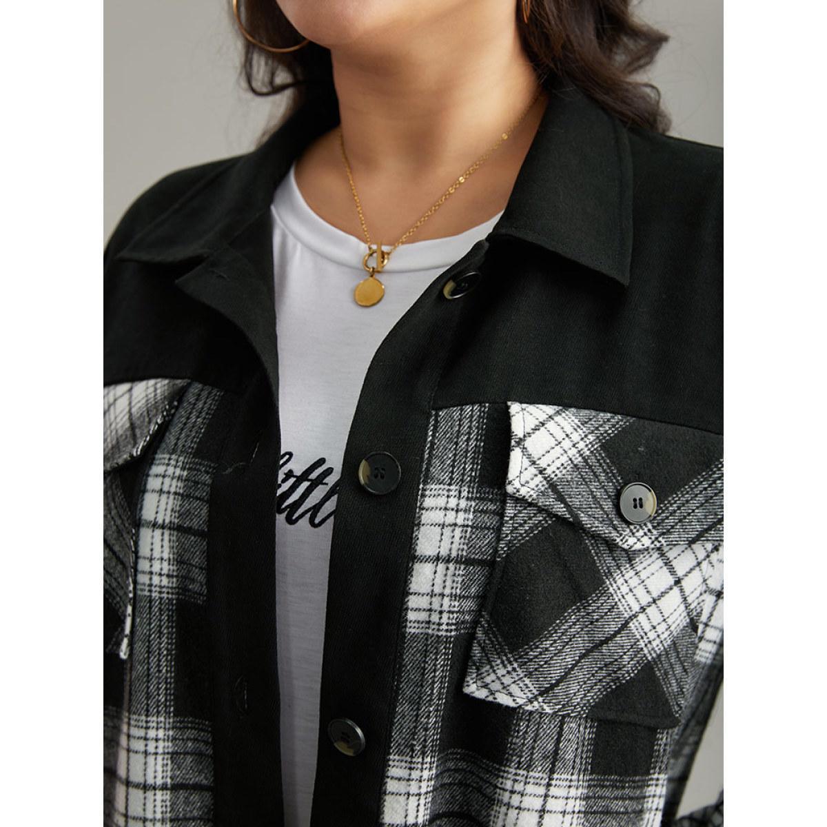 Plus Size Plaid Patchwork Patched Pocket Button Through Shacket Women Black Casual Contrast Ladies Dailywear Winter Coats BloomChic 26/4X Product Image