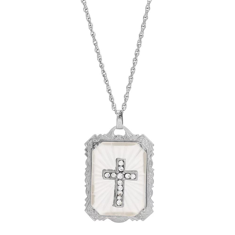 Symbols of Faith Silver-Tone Frosted Stone with Crystal Cross Large Pendant Necklace, Womens, White Product Image