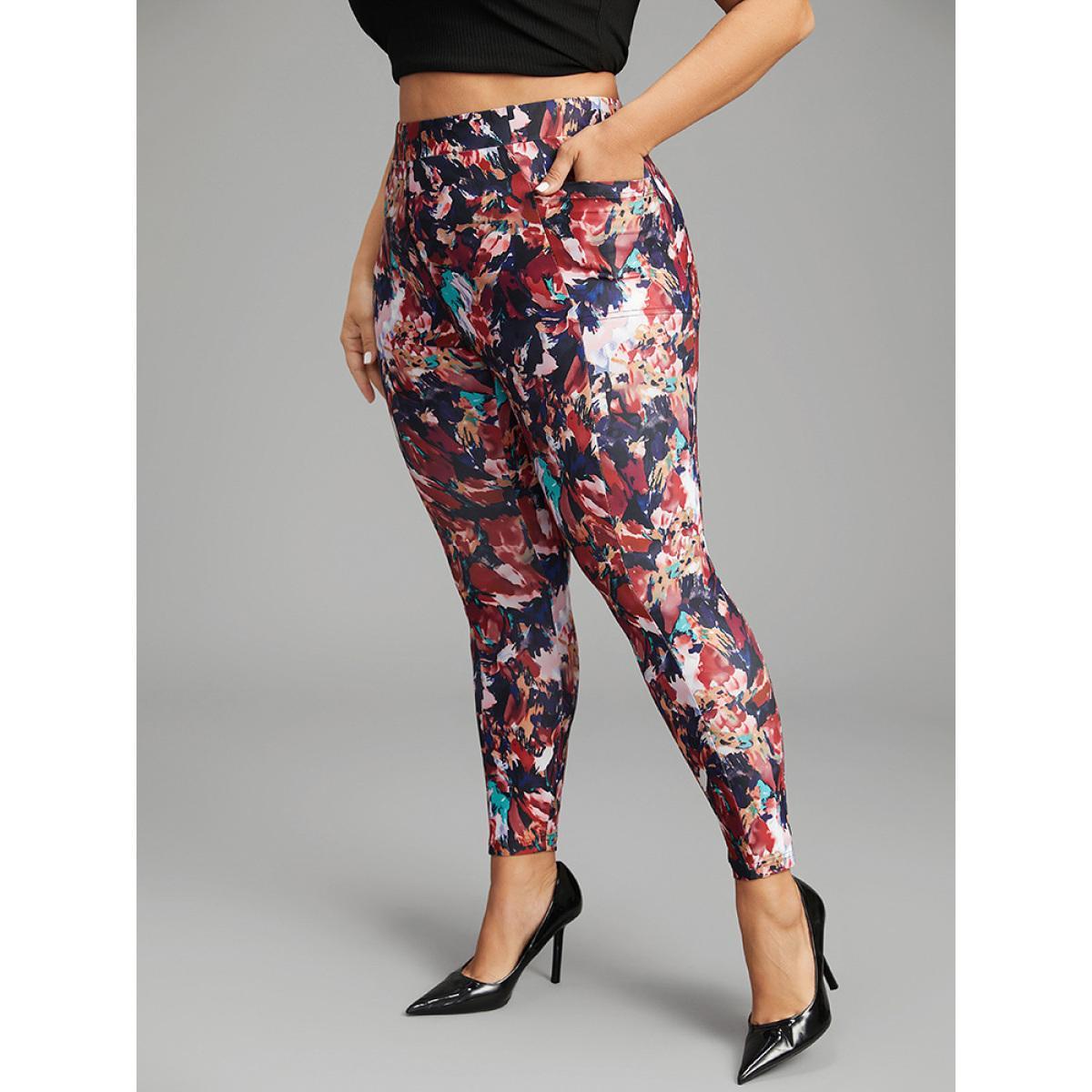 Plus Size Pixel Flower Pocket Elastic Waist High Rise Leggings Women Multicolor Casual High stretch Skinny High Rise Everyday Leggings BloomChic 14-16/1X Product Image