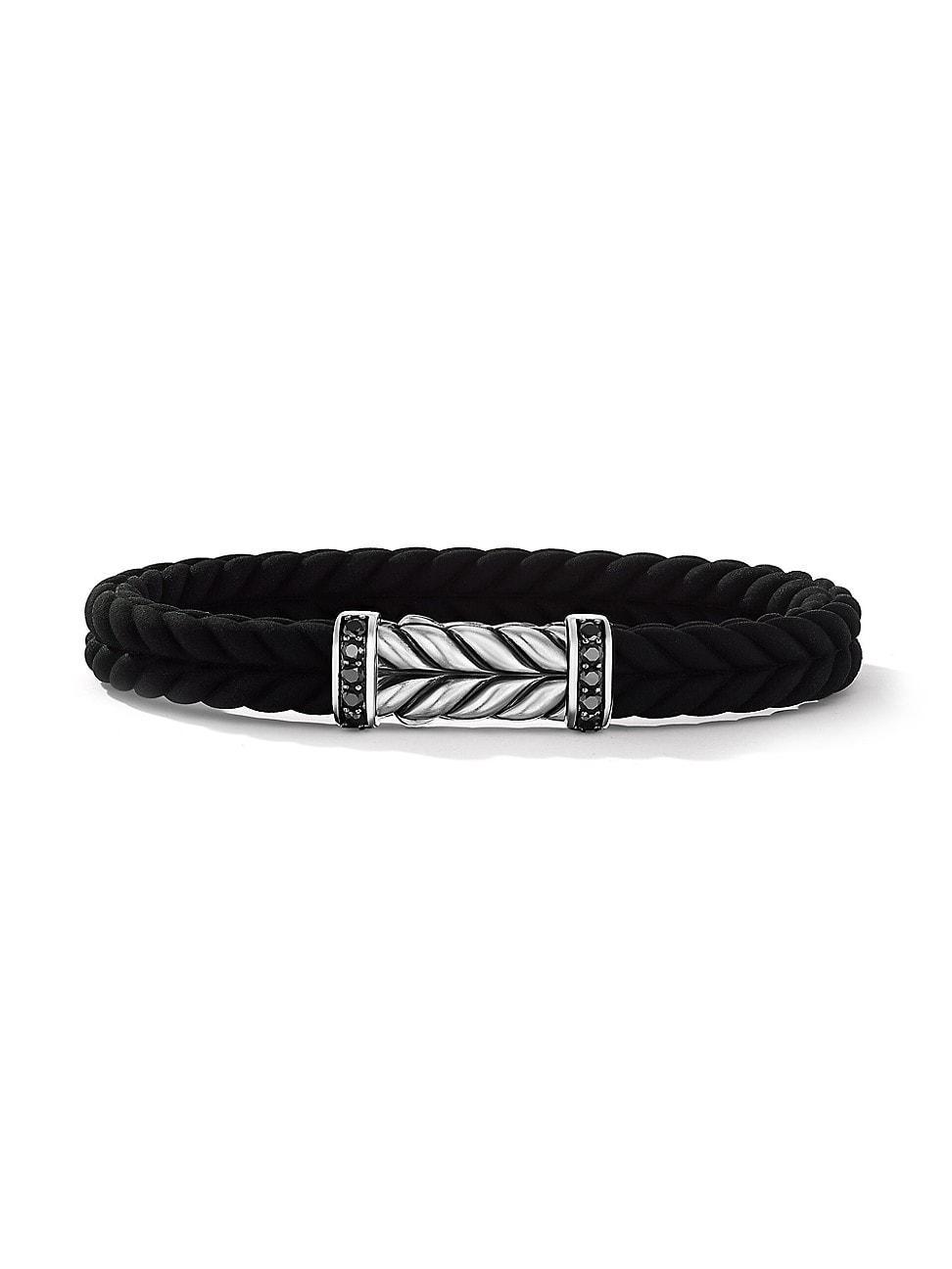 David Yurman Mens Sterling Silver Chevron Black Diamond Pave Woven Rubber Bracelet Product Image