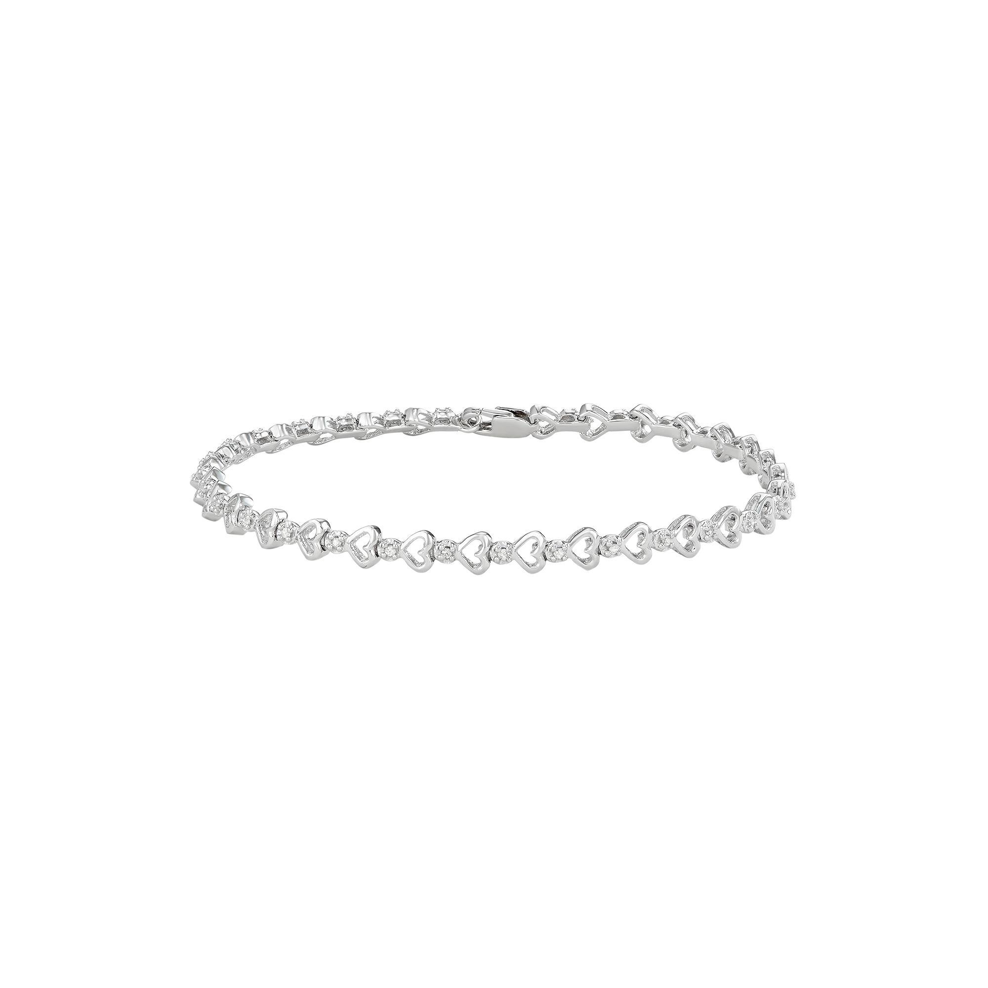 Sterling Silver 1/6 Carat T.W. Diamond Heart Link Bracelet, Women's, Size: 7" Product Image