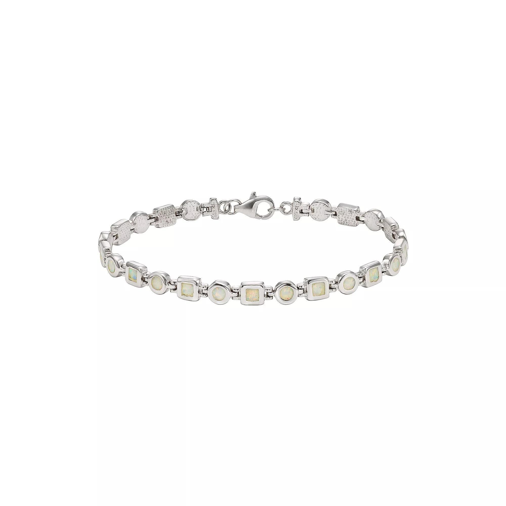 Lab-Created Opal Sterling Silver Circle & Square Link Bracelet, Women's, Size: 7", White Product Image