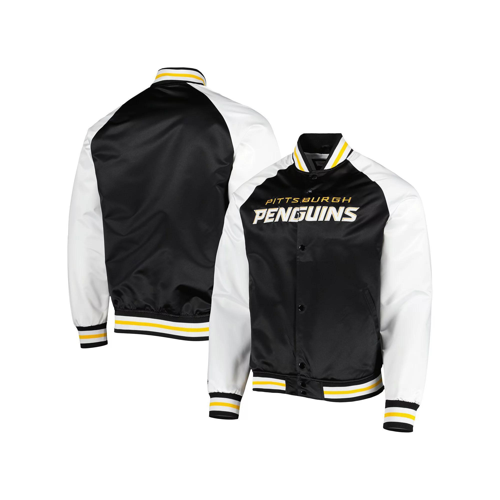 Men's Mitchell & Ness Black/White Pittsburgh Penguins Primetime Raglan Satin Full-Snap Jacket, Size: XL Product Image
