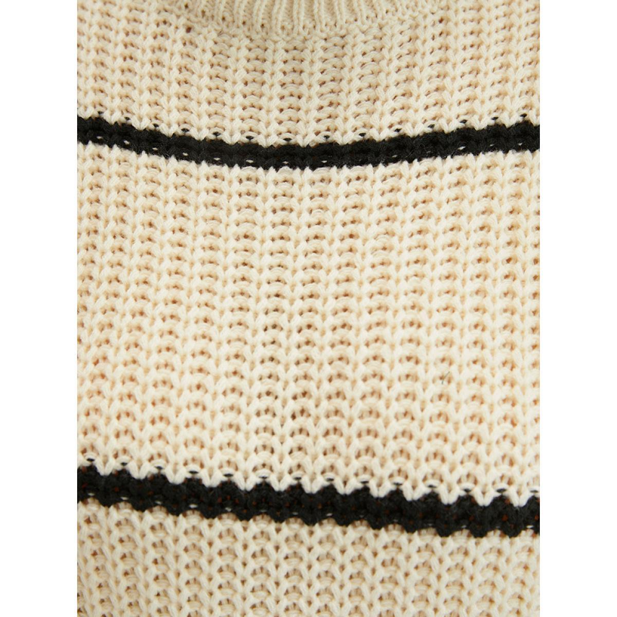 Plus Size Striped Contrast Pointelle Knit Lantern Sleeve Funnel Neck Knit Top Beige Women Elegant Loose Long Sleeve Turtleneck Dailywear Pullovers BloomChic 28/5X Product Image