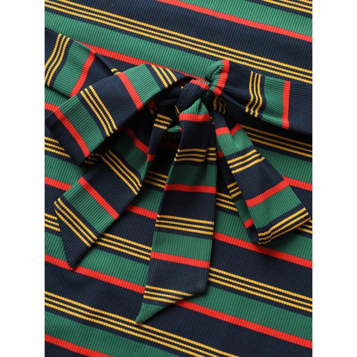 Plus Size Contrast Striped Embroidered Patch Split Side Dress Multicolor Women Casual Belted Round Neck Sleeveless Curvy BloomChic 22-24/3X Product Image