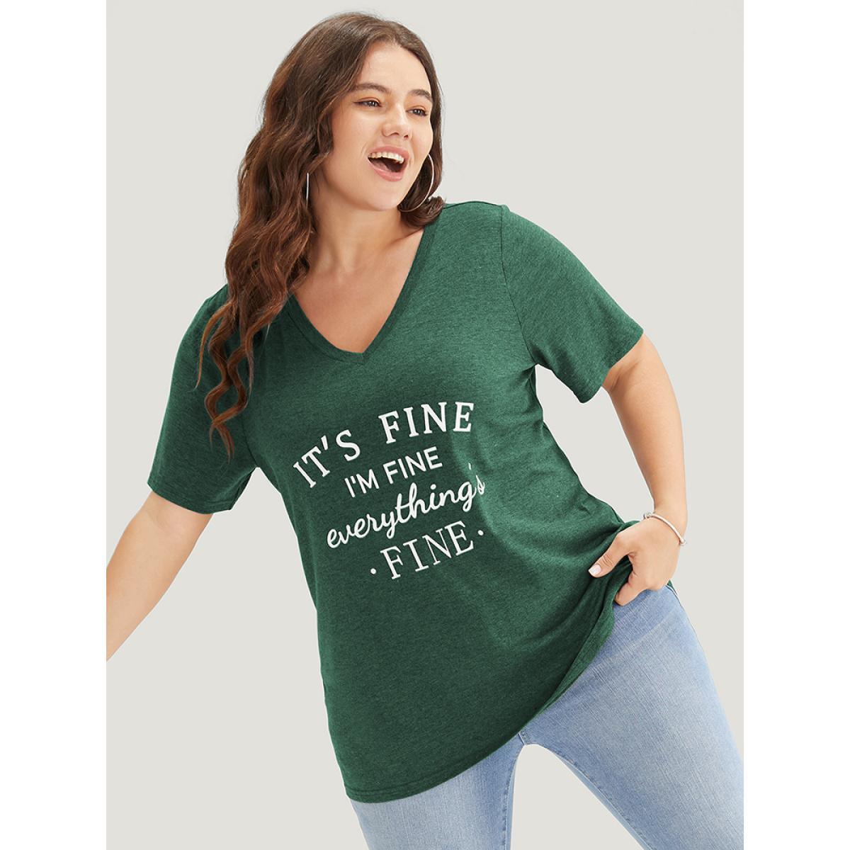 Plus Size Letter Print V Neck T-shirt Emerald Women Casual Positive slogan Dailywear T-shirts BloomChic 18-20/2X Product Image
