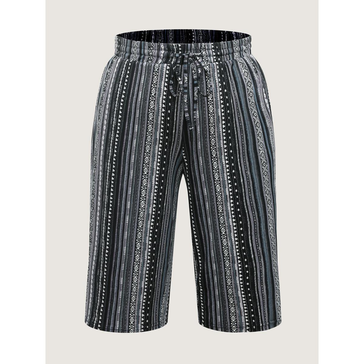 Plus Size Stretchy Boho Stripes Straight-Leg Pants Women Black Casual Straight Leg Mid Rise Everyday-Casual Pants BloomChic 18-20/2X Product Image