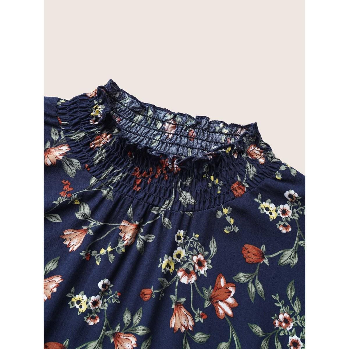 Plus Size DarkBlue Floral Lantern Sleeve Shirred Mock Neck Blouse Women Elegant Long Sleeve Mock Neck Everyday Blouses BloomChic 30/6X Product Image